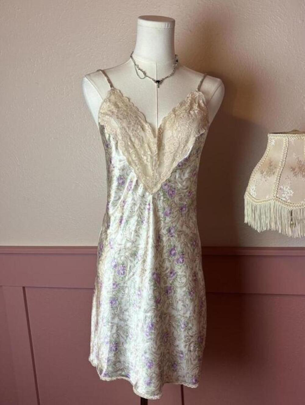 silky lace slip vintage floral wendy ann champagne made in the usa babydoll
